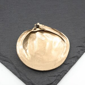 May include: A gold-toned metal pendant shaped like a clam shell. The surface has a smooth, reflective finish with subtle ridges and a small loop at the top for attachment. The object is circular in form with a slightly irregular, organic edge.