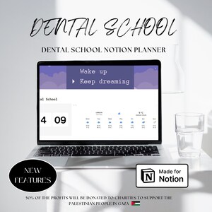 以下が含まれることがあります： 「Dental School Notion Planner」のインターフェースを表示するラップトップ。画面にはカレンダー、天気情報、テキスト「Wake up, Keep dreaming」が表示されています。「New Features」と「Made for Notion」のテキストも含まれています。