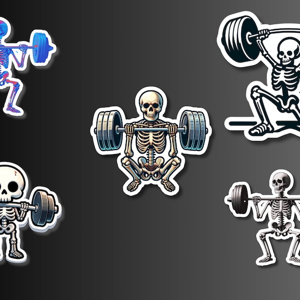 Skeleton Gym Sticker Bundle, Cute Weightlifting Stickers for Bodybuilders, Anime Sticker Pack, 5 Pack Fitness Bundle