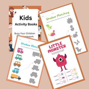 May include: A set of four printable activity books for kids. The books feature a variety of activities, including shadow matching, counting, and drawing. The books are designed to help children learn and grow.