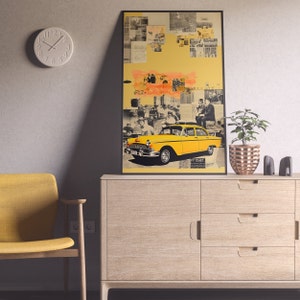 Yellow Vintage Taxi Wall Art Collage Artwork Print For Home Decor Vintage Yellow Printable Art Taxi Artwork Collage Poster Gift For Friend
