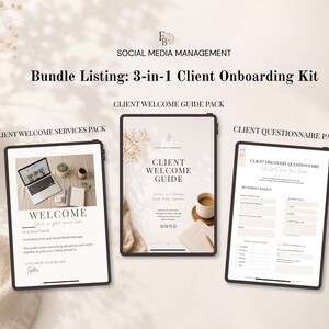 May include: A 3-in-1 client onboarding kit bundle listing featuring three digital tablet displays. The screens show a Client Welcome Services Pack, a Client Welcome Guide, and a Client Discovery Questionnaire with text, business forms, and imagery.
