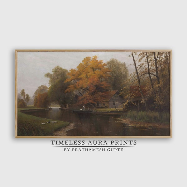 Samsung Frame TV Art | Autumn Lake Landscape Painting | Antique Farmhouse Art | Vintage Autumn Country Home Decor | Digital Download |