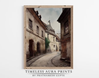 Vintage European Town Street Painting | Farmhouse Kitchen Decor | PRINTABLE Digital Download |