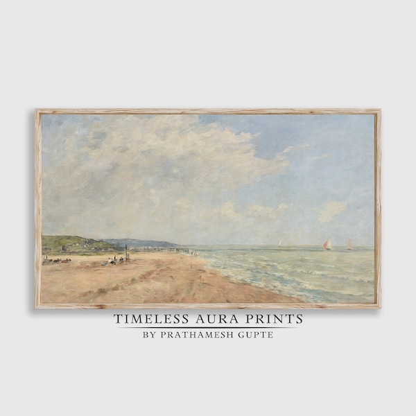 Samsung Frame TV Art | Vintage Warm Toned Beach Painting | Soft Neutral Coastal Landscape Art | Antique Summer House Decor |