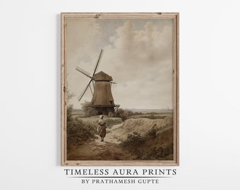 Windmill Print | Vintage Country Landscape Painting | PRINTABLE Digital Download |