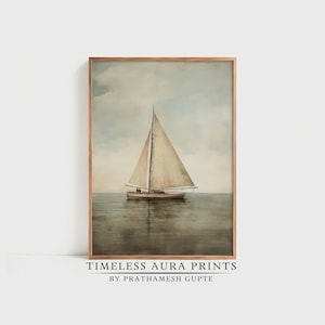 Vintage Sailboat Painting Muted Sailboat In The Ocean Print Antique Digital PRINTABLE Wall Art image 1