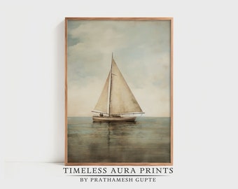 Vintage Sailboat Painting | Muted  Sailboat In The Ocean Print | Antique Digital PRINTABLE Wall Art |