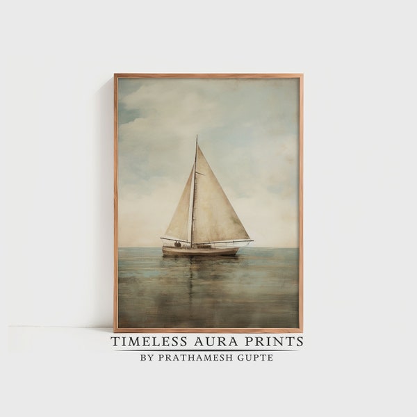 Vintage Sailboat Painting | Muted  Sailboat In The Ocean Print | Antique Digital PRINTABLE Wall Art |