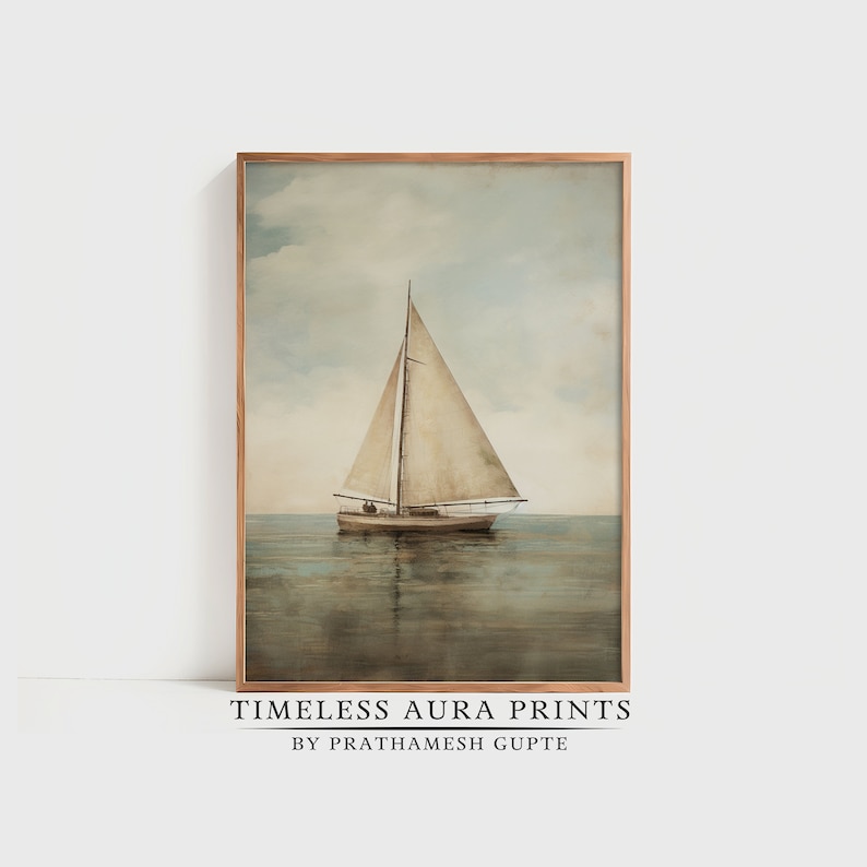 Vintage Sailboat Painting Muted Sailboat In The Ocean Print Antique Digital PRINTABLE Wall Art image 1
