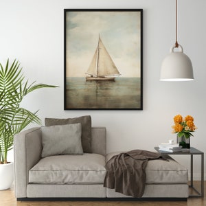 Vintage Sailboat Painting Muted Sailboat In The Ocean Print Antique Digital PRINTABLE Wall Art image 2