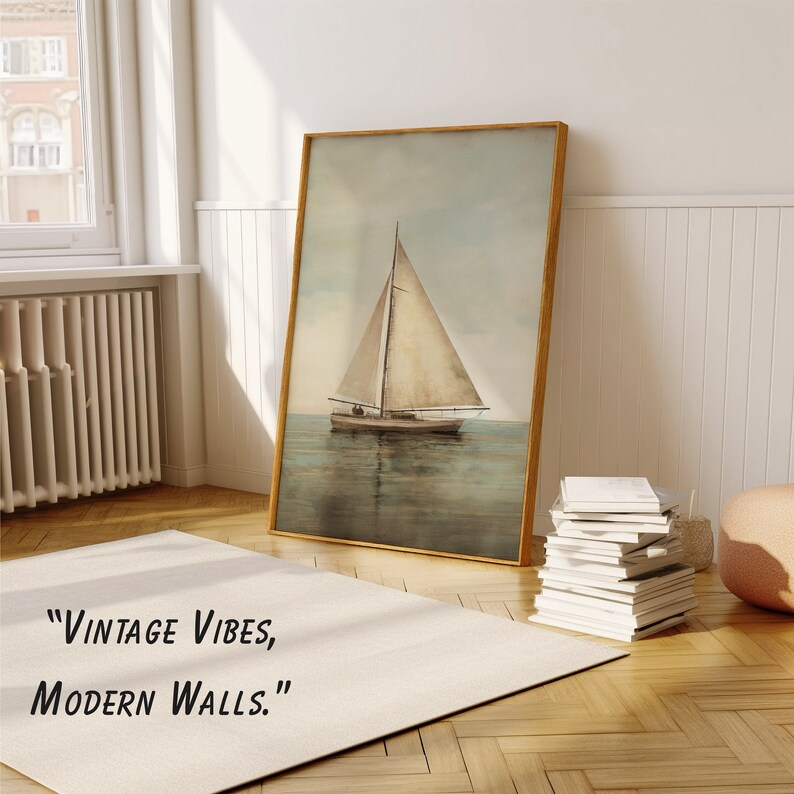 Vintage Sailboat Painting Muted Sailboat In The Ocean Print Antique Digital PRINTABLE Wall Art image 3