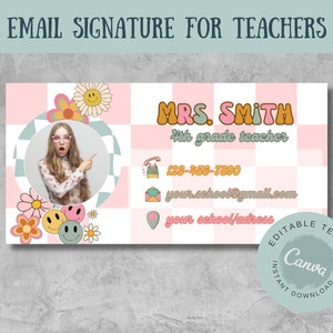 Email signature teacher Email signature canva template Email signature temp Outlook gmail email sign Editable teacher e-signature Retro