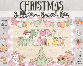 May include: A pink and green Christmas bulletin board kit with a cowboy theme. The kit includes a title banner that says "Howdy Christmas!" and various cutouts of cowboys, snowmen, and Christmas trees. The kit is designed to be used in a classroom or home setting.