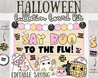 Puede incluir: Un kit de tablero de anuncios con temática de Halloween con el texto "SAY BOO TO THE FLU!" e ilustraciones de fantasmas, calabazas y símbolos médicos. Incluye plantillas editables y elementos decorativos en rosa, amarillo y negro.