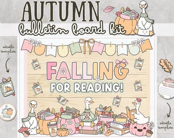 May include: An autumn-themed bulletin board kit with the text "AUTUMN bulletin board kit" at the top. The design includes pumpkins, geese, books, and the phrase "FALLING FOR READING!" in a playful font. The color palette features soft pastels and fall colors.