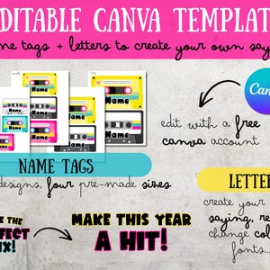 Peut inclure: Image d'un mod&egrave;le Canva modifiable pour &eacute;tiquettes nominatives et lettres. Le design pr&eacute;sente des graphiques de cassettes audio de diff&eacute;rentes couleurs, avec le mot "Name" sur chaque &eacute;tiquette. Le mod&egrave;le propose cinq designs et quatre tailles.