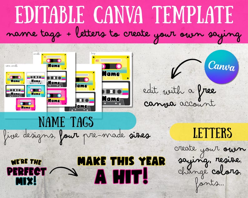 Peut inclure: Image d'un mod&egrave;le Canva modifiable pour &eacute;tiquettes nominatives et lettres. Le design pr&eacute;sente des graphiques de cassettes audio de diff&eacute;rentes couleurs, avec le mot "Name" sur chaque &eacute;tiquette. Le mod&egrave;le propose cinq designs et quatre tailles.