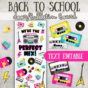 May include: A colorful back-to-school bulletin board design with a retro music theme. Features text that reads "Back to School" and "Perfect Mix!" along with cassette tapes, guitars, and a boombox. Includes editable text areas.