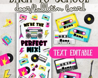Kit de tablón de anuncios de bienvenida a la vuelta al cole, agosto-septiembre, decoración de puerta, música de los 80, mixtapes, nuestra clase mola, decoración de puerta, texto editable
