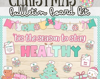 School Nurse Christmas Bulletin Board Kit Healthy Habits Winter Bulletin Board December Groovy Retro Disco Pink Pastel School Nurse Decor