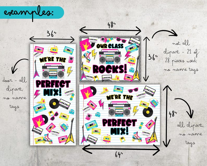 Peut inclure: Trois affiches r&eacute;tro avec les textes "WE'RE THE PERFECT MIX!" et "OUR CLASS ROCKS!" avec des boomboxes, des cassettes et des instruments de musique. La plus grande affiche mesure 163 cm de large et 122 cm de haut.