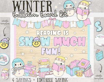 May include: A winter-themed bulletin board kit with the text "READING IS SNOW MUCH FUN!" and illustrations of snowmen reading books. The kit includes editable templates and various decorative elements in pastel colors.