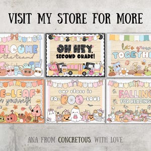 Peut inclure: Six panneaux color&eacute;s pour la salle de classe avec des phrases telles que "Bienvenue &agrave; l'&eacute;quipe" et "Falling for Reading!". Les panneaux pr&eacute;sentent des illustrations et un fond en bois. Le texte "Visit my store for more" est en haut.