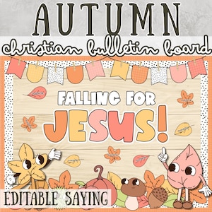 Può includere: Un design per bacheca cristiana a tema autunnale con il testo "AUTUMN christian bulletin board" e "FALLING FOR JESUS!". Il design include foglie di cartoni animati, zucche e uno striscione. È presente anche il testo "editable template".