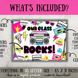 Peut inclure: Une impression num&eacute;rique sur le th&egrave;me r&eacute;tro, avec un lecteur de cassettes, des patins &agrave; roulettes et des cassettes. Le design comprend le texte "OUR CLASS ROCKS!" et mesure 21,6 x 27,9 cm. Comprend des bordures, des lettres et des cliparts.