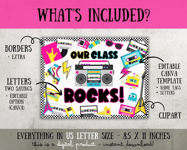 Peut inclure: Une impression num&eacute;rique sur le th&egrave;me r&eacute;tro, avec un lecteur de cassettes, des patins &agrave; roulettes et des cassettes. Le design comprend le texte "OUR CLASS ROCKS!" et mesure 21,6 x 27,9 cm. Comprend des bordures, des lettres et des cliparts.