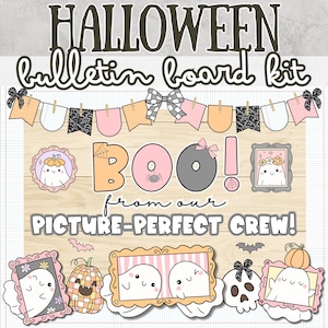 May include: A Halloween bulletin board kit with a banner, ghosts, pumpkins, and the words "BOO!" and "Picture-Perfect Crew!" in a playful font. Includes editable templates for customization.