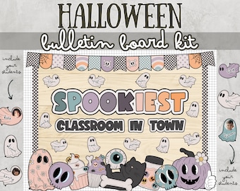 Może przedstawiać: Zestaw do tablicy ogłoszeń na Halloween z motywem strasznej klasy. Zestaw zawiera baner z napisem "SPOOKIEST CLASSROOM IN TOWN", wycięcia duchów i inne dekoracje na Halloween.