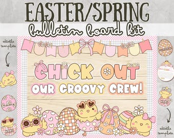 Spring Easter Bulletin Board Ideas April March Bulletin Board Kit Door Decorations Groovy Retro Chick Egg Eggcellent Cutesy Pastel Disco