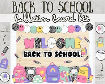 May include: A colorful "Back to School" bulletin board kit with the text "WELCOME BACK TO SCHOOL!" and decorative elements like smiley faces, pencils, backpacks, and notebooks. The kit includes editable templates for customization.