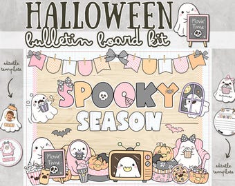 May include: A Halloween bulletin board kit with the words "Halloween bulletin board kit" at the top. The words "Spooky Season" are in the center. The kit includes ghosts, pumpkins, bats, and a TV with a ghost inside.