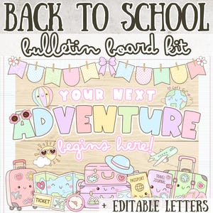 May include: A pastel-colored Back to School bulletin board kit with the text "Your Next Adventure begins here!" and travel-themed illustrations, including suitcases, maps, and a passport. Includes editable templates.