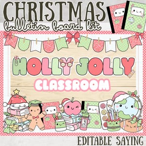 May include: A Christmas-themed bulletin board kit featuring the text "CHRISTMAS bulletin board kit" and "HOLLY JOLLY CLASSROOM". The design includes notebooks, pencils, and a globe, all decorated with festive imagery. The kit is designed for classroom use.