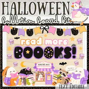 May include: A Halloween bulletin board kit featuring the text "read more BOOOKS!" in purple and orange. The design includes a duck in a witch hat, ghosts, a black cat, a raccoon, and a bookstore illustration. Decorative elements include banners, stars, bats, and spiders on a wood-grain background with editable name tags.