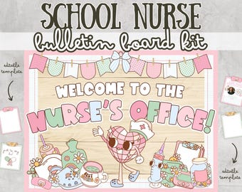 May include: A School Nurse bulletin board kit with the text "SCHOOL NURSE bulletin board kit" and "WELCOME TO THE NURSE'S OFFICE!". The design includes a heart character, medical supplies, and a banner with pink and green pennants.