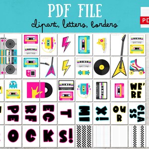 Peut inclure: Un fichier PDF num&eacute;rique avec des cliparts, des lettres et des bordures sur le th&egrave;me r&eacute;tro. Le design comprend des images d'un boombox, de cassettes, d'un &eacute;clair, d'une guitare, d'un disque et de patins &agrave; roulettes. Le texte comprend "PDF FILE" et "THE ROCKS!"
