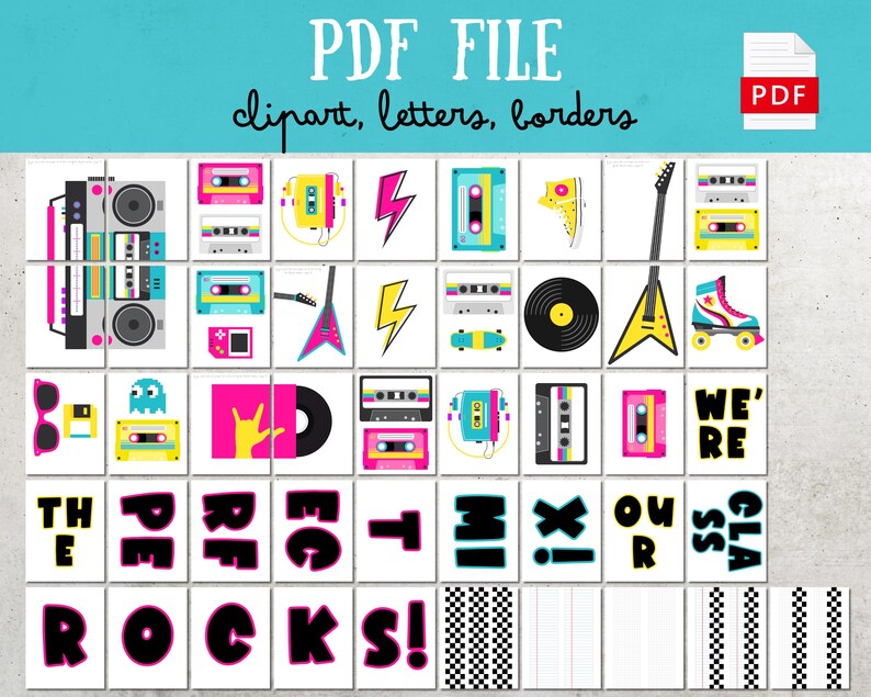 Peut inclure: Un fichier PDF num&eacute;rique avec des cliparts, des lettres et des bordures sur le th&egrave;me r&eacute;tro. Le design comprend des images d'un boombox, de cassettes, d'un &eacute;clair, d'une guitare, d'un disque et de patins &agrave; roulettes. Le texte comprend "PDF FILE" et "THE ROCKS!"