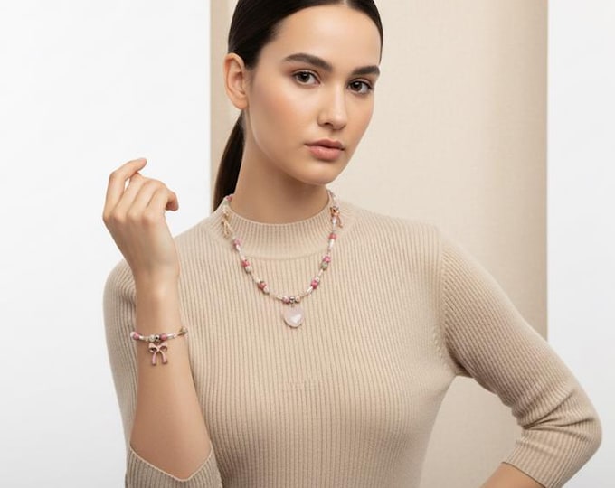 Handmade beaded jewelry set necklace & bracelet pink/red freshwater pearls