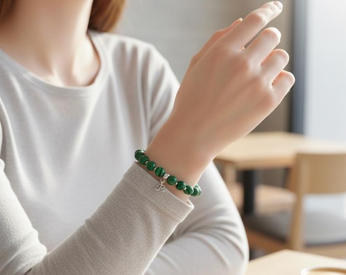 Malachite bracelet with initials, handmade - Personalized women's jewelry