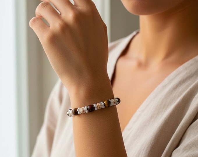 Tiger's Eye Bracelet, Handmade for Women with Glass Beads and Flower Stoppers