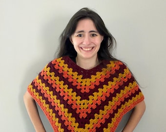 Handmade Crochet Poncho, Boho Cotton-Acrylic Blend, Fall Layering Piece