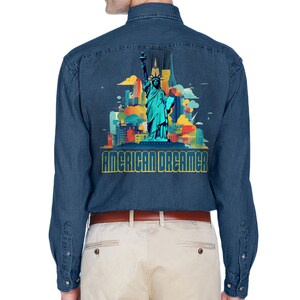 American Dreamer Men&#39;s Denim Shirt - Statue Of Liberty Denim Shirt - Illustration Long Sleeve Shirt