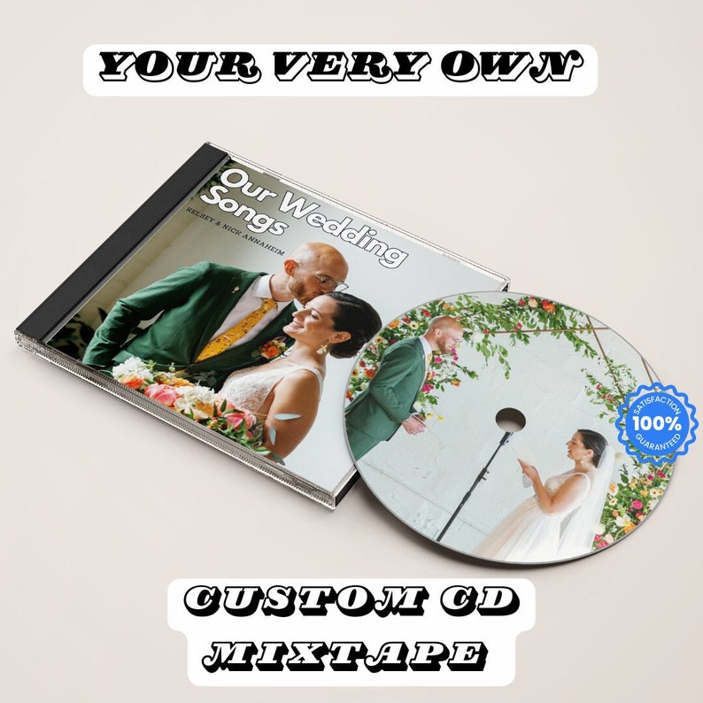 May include: A custom CD mixtape with a photo of a wedding couple on the cover. The CD case is black with a white label that says "Our Wedding Songs" and the couple's names. The CD itself has a photo of the couple at their wedding ceremony.