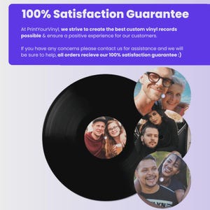 May include: A black vinyl record with a custom label featuring a photo of a couple. Several circular images with photos of people are scattered around the record. The text "100% Satisfaction Guarantee" is at the top.