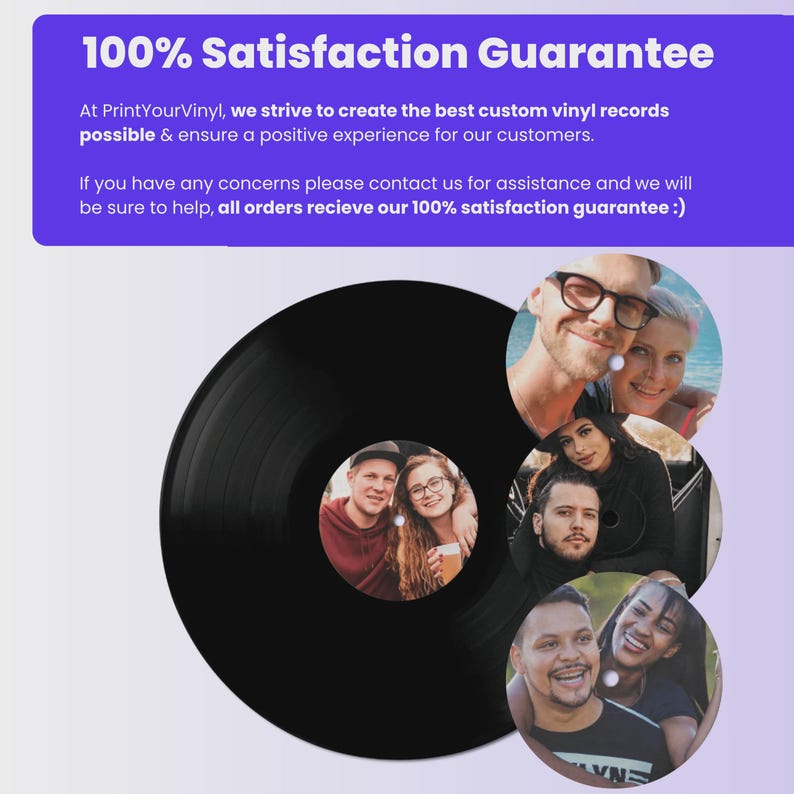 May include: A black vinyl record with a custom label featuring a photo of a couple. Several circular images with photos of people are scattered around the record. The text "100% Satisfaction Guarantee" is at the top.